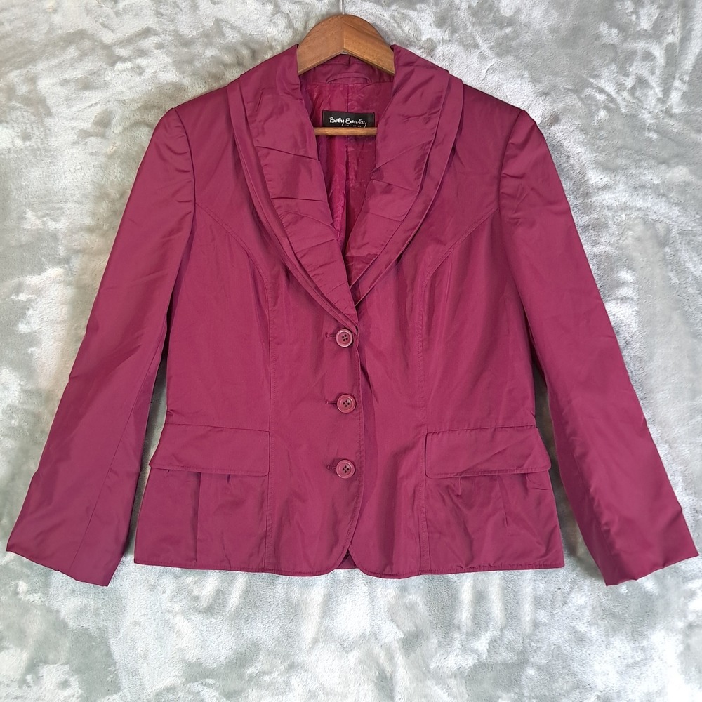 Betty Barclay Collection Satin Ruffled Collar Blazer Jacket Size 10 Medium Wine